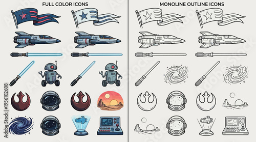 Collection of Star Wars-themed icons in both full color and monoline outline styles, featuring spaceships, lightsabers, droids, helmets, and planetary landscapes.