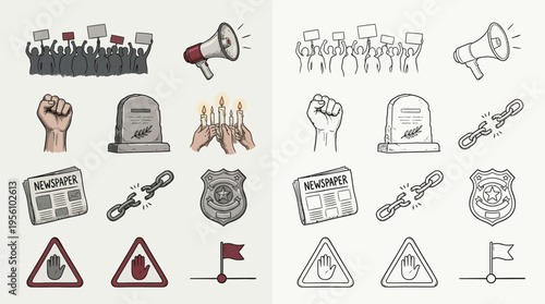 Collection of protest and social justice icons, including a crowd with signs, a megaphone, a raised fist, a tombstone, candles, a broken chain, a newspaper, a police badge, warning signs, and a flag.