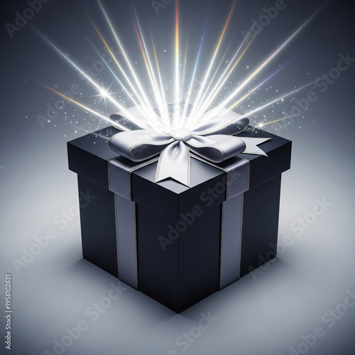 Elegant black gift box opening with radiant light rays and glowing burst, premium luxury surprise concept for celebration, holiday greeting or exclusive branding design