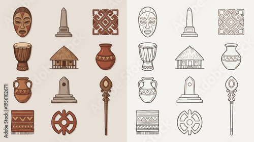 Collection of African cultural symbols and artifacts, including masks, drums, pottery, and traditional dwellings, presented in both color and outline.