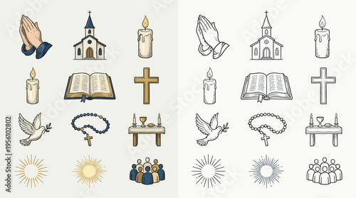 A collection of religious symbols and icons, including praying hands, churches, candles, Bibles, crosses, doves, rosaries, altars, sunbursts, and groups of people.