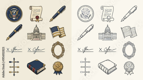 Collection of American government and historical symbols, including the presidential seal, capitol building, and documents.