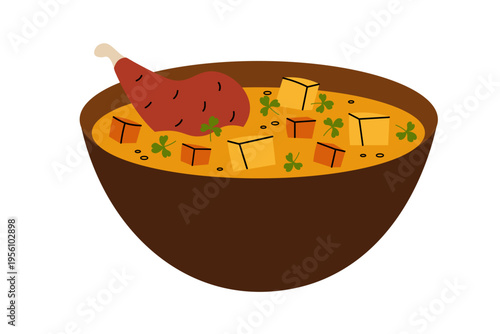 Chicken soup bowl. Homemade  hot broth with meat, carrots and potatoes, herbs. Healthy meal. Minimalist food icon in cartoon style. Flat vector illustration on isolated background. Design element