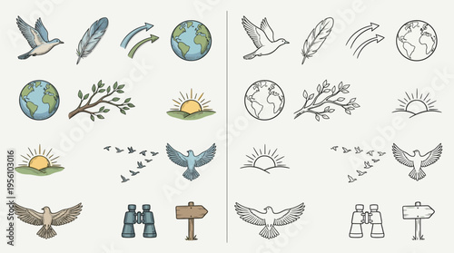 Collection of stylized icons representing nature, travel, and observation, including birds, feathers, the Earth, and sunrise motifs.