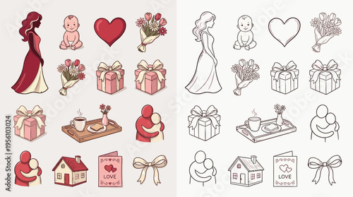 A collection of heartwarming icons depicting motherhood, family, and love, presented in both color and outline versions.