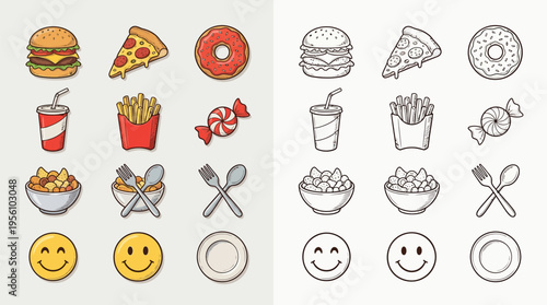 A collection of colorful and black and white icons representing various fast food items and emojis, including burgers, pizza, fries, donuts, drinks, and smiley faces.