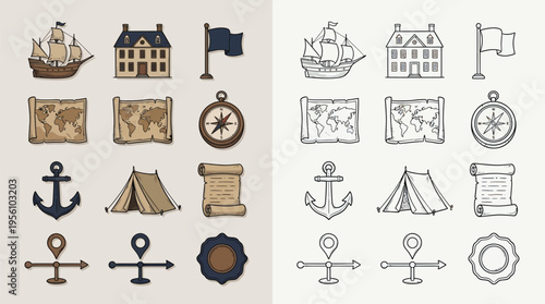 Collection of vintage-style icons representing travel and exploration, including ships, maps, compasses, and anchors.