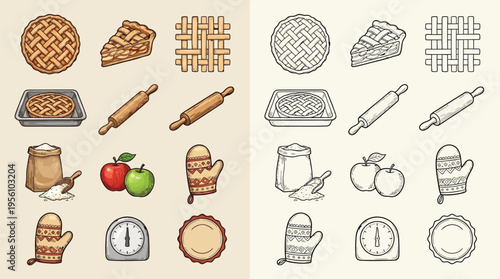 A collection of colorful and grayscale illustrations depicting various baking ingredients and tools, including pies, rolling pins, apples, and oven mitts.