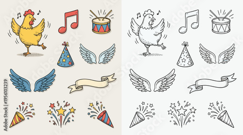 A collection of hand-drawn illustrations featuring a dancing chicken, musical notes, a drum, party hats, wings, banners, and fireworks, presented in both color and black and white.