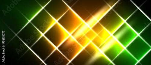 Bright geometric pattern. Lines intersect creating glowing squares, gradients shift from green to orange, yellow. Dark background enhances luminosity.