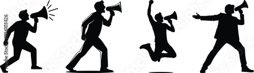 Four silhouetted figures holding megaphones in various dynamic poses