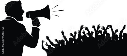 A man speaking to a crowd through a megaphone in silhouette