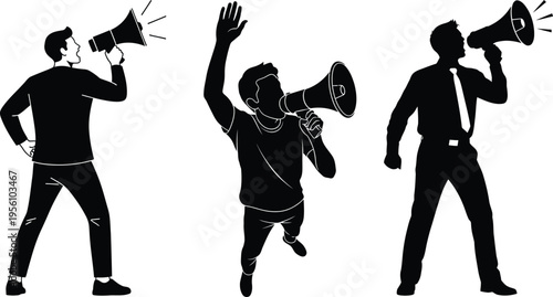 Three silhouetted figures with megaphones
