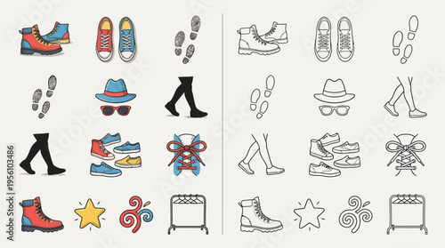 Collection of colorful and outline icons representing footwear, footprints, and accessories for walking and style.