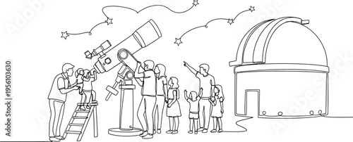 People looking at stars through telescope at observatory