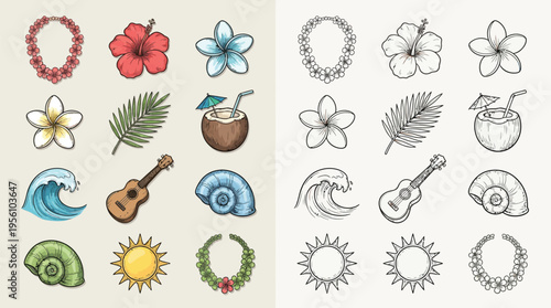 A collection of colorful and black and white illustrations of Hawaiian-themed elements, including leis, flowers, palm leaves, coconuts, ukuleles, waves, shells, and suns.