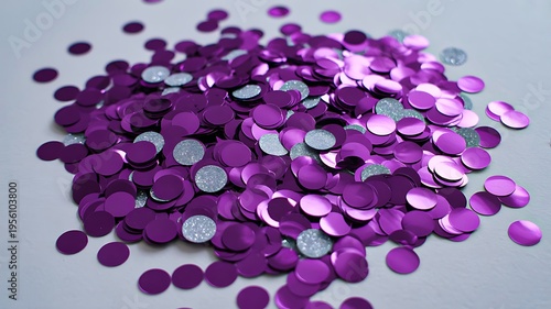 Purple confetti scattered on surface festive background celebration concept