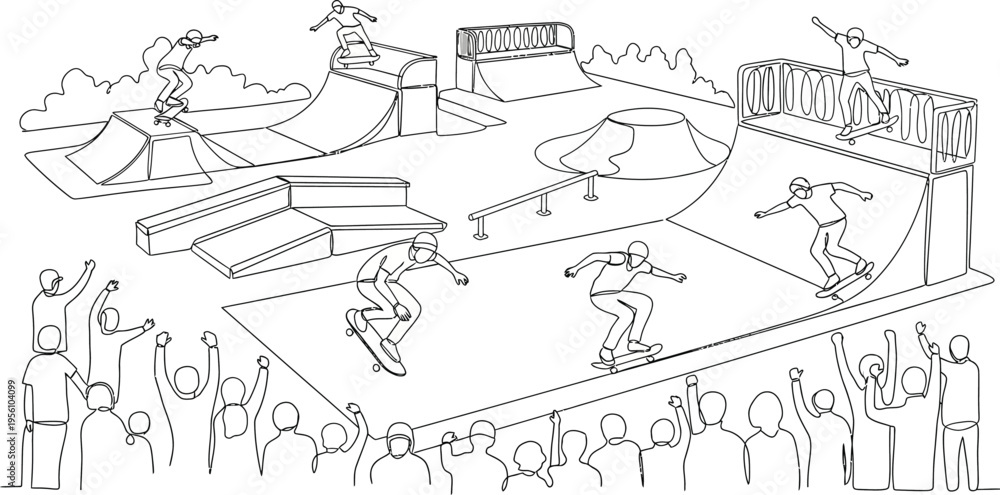 Fototapeta premium skateboard park illustration with crowd and skateboarders