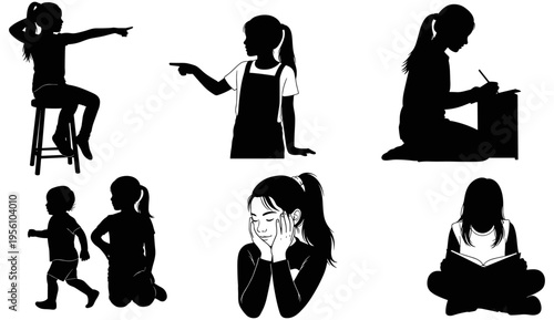 Black silhouette illustrations of children engaged in reading, writing, walking, pointing, and thinking activities for educational and artistic use