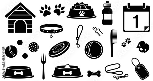 Black silhouette dog care icons featuring pet accessories, paw prints, toys, grooming tools, and essentials for pet services and education