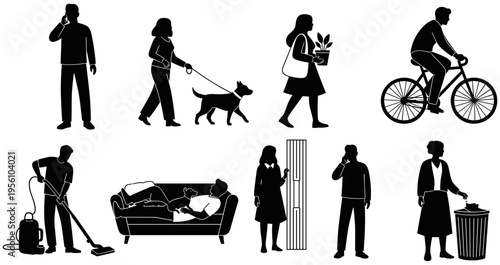 Black silhouette illustrations of people performing daily activities including walking dog, cycling, cleaning, resting, and household chores for lifestyle use
