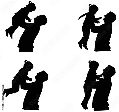 Silhouette of father lifting child in playful poses, family bonding, parenting love, joyful affection, parent and toddler relationship illustration