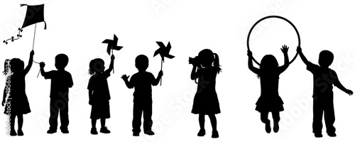 Silhouette of children playing outdoors with kite, pinwheels, hula hoop, joyful recreation, childhood fun, education and family bonding illustration