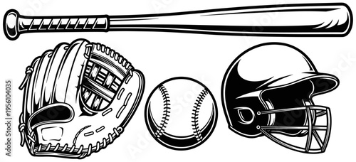 Silhouette illustration of baseball glove, ball, helmet, and bat, essential sports gear, athletic equipment, training, competition, recreation theme