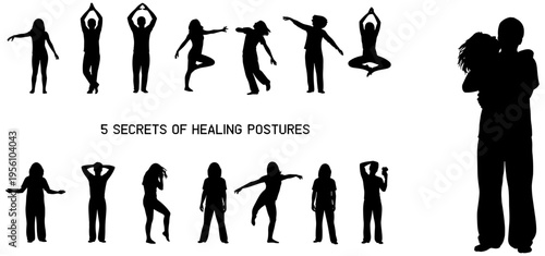 Silhouette illustration of healing postures with embracing figures, wellness, emotional comfort, holistic therapy, mental health and physical balance