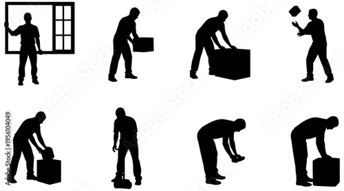 Silhouette figures performing various box handling tasks, lifting, carrying, placing, sweeping, inspecting, and organizing actions for workplace illustration