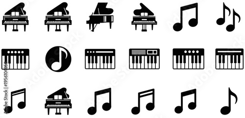 Black and white icons of grand pianos, keyboards, and musical notes arranged in grid design for music illustration collection