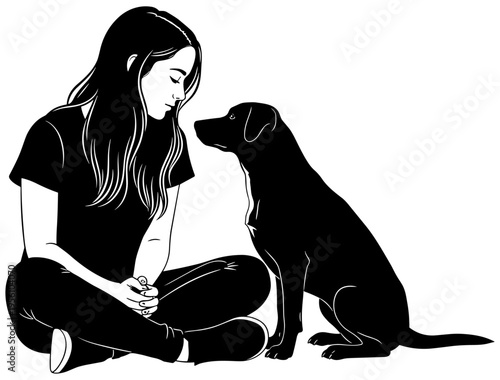 Black and white illustration of human sitting cross-legged facing attentive dog, symbolizing friendship, loyalty, companionship, and emotional connection in art