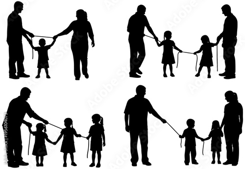 Black silhouette illustration of adults and children using measuring tape to explore interpersonal distance, social interaction, and personal space concepts