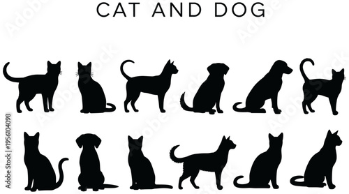 Black silhouette illustration of cats and dogs in multiple poses with bold uppercase text highlighting pet themes for design use