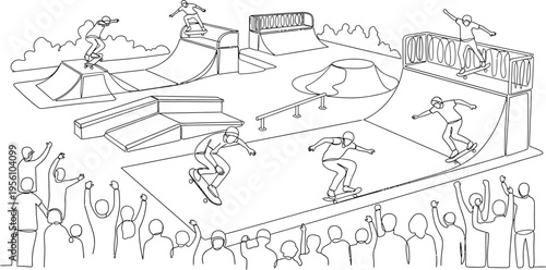 skateboard park illustration with crowd and skateboarders
