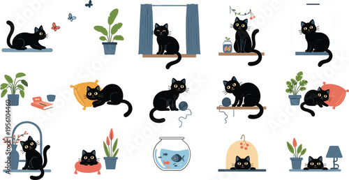 Cute Black Cat Home Scene Set with Playing Sleeping and Relaxing Cats Indoor Lifestyle Illustration for Pet Lovers Cozy Interior Design