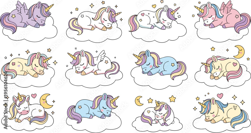 Obraz premium Sleeping Unicorn Set with Cute Baby Fantasy Characters on Clouds Dreamy Magical Animals Illustration for Kids Nursery Design