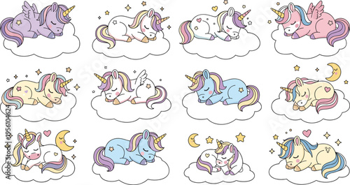 Sleeping Unicorn Set with Cute Baby Fantasy Characters on Clouds Dreamy Magical Animals Illustration for Kids Nursery Design