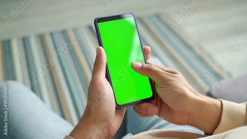 Hand Holding and scrolling Smartphone with Green Screen Mockup in Indoor Setting