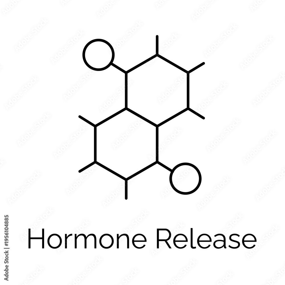Obraz premium Hormone Release Molecule Line Icon with Chemical Structure, Endocrine System Hormone Structure Outline Icon.