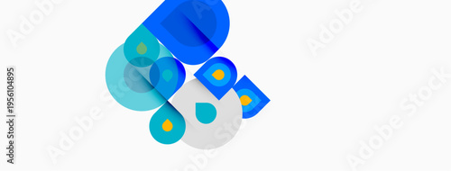 Abstract shapes overlap, creating dynamic visual composition. Blue hues dominate, with lighter shades providing contrast. Clean design, modern aesthetic.