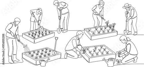 people planting flowers in garden beds