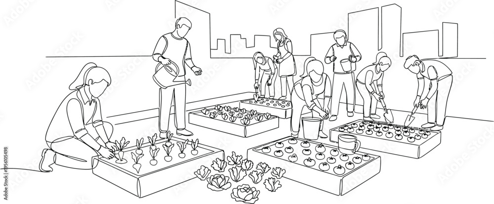 Naklejka premium people planting flowers in garden boxes