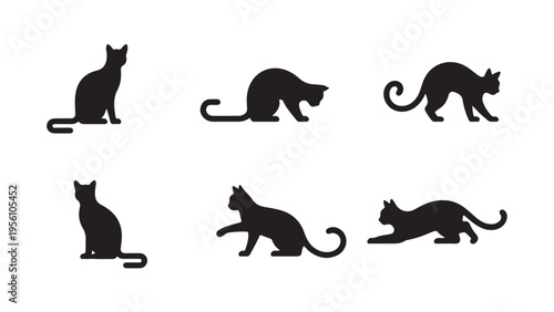 Collection of black cat silhouettes in various poses, playful and elegant feline art