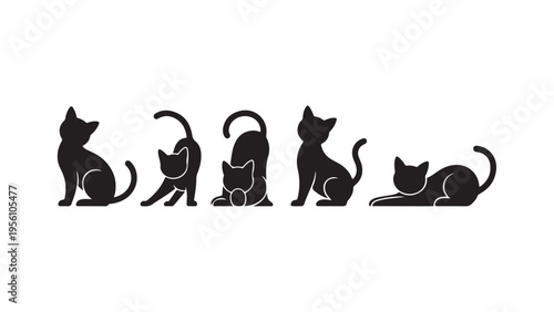 Set of black cat silhouettes in different actions, stretching, sitting, lying down
