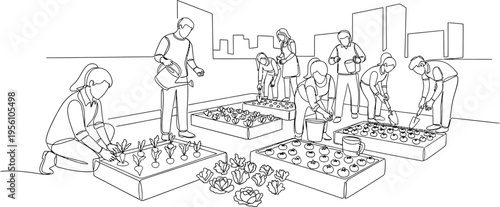 people planting flowers in garden boxes