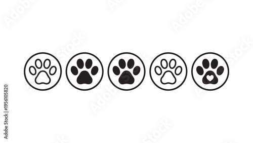 Paw print circle icons in various styles with heart and outline details for pet branding