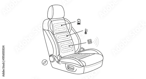 Car seat with detailed components shown.