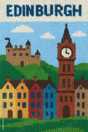 Knitted edinburgh cityscape with castle and clock tower in vibrant colors