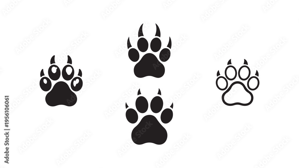 Fototapeta premium Different black and white stylized animal paw prints isolated on white background